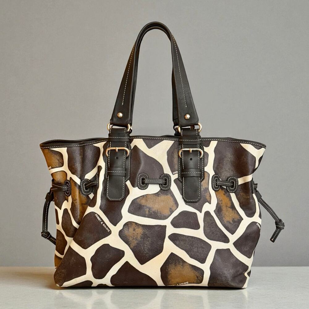 Dooney & Bourke Medium Chiara Leather Satchel Handbag Tote Brown Cream Giraffe - Picture 2 of 14